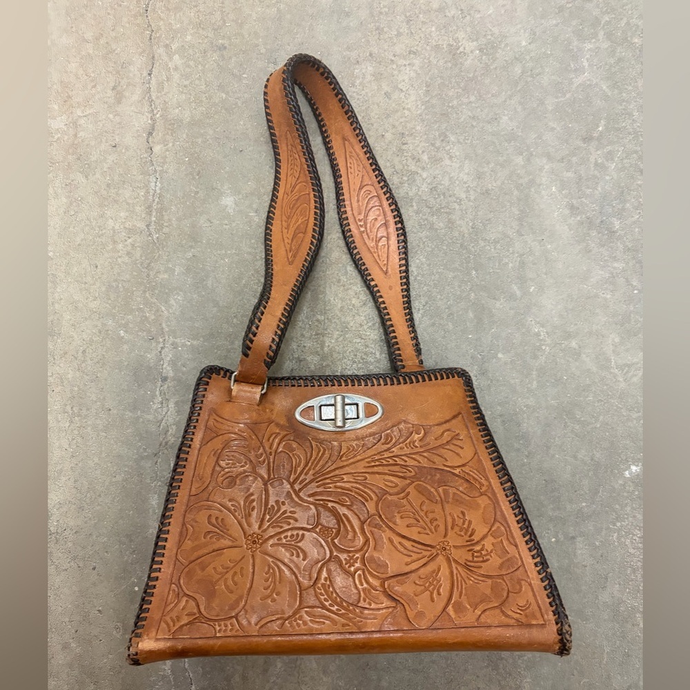Vintage‎ leather tooled Brown Leather Floral Handbag